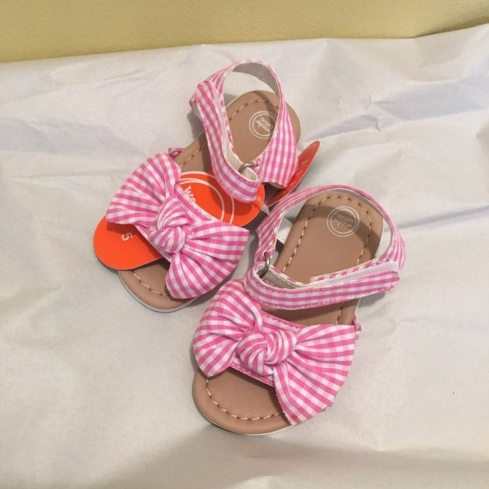Wonder Nation Sandals Baby Girls 5 Pink Gingham New Bow Ankle Strap Summer Shoes - Picture 1 of 4